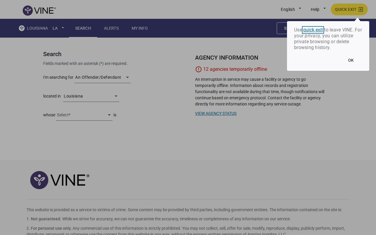 Louisiana VINELink person search used to verify St. Helena Parish recent arrest custody