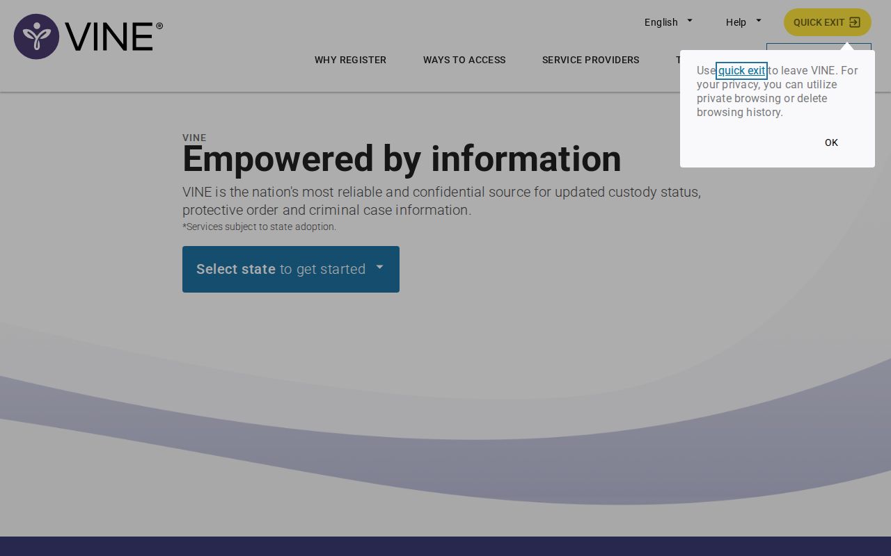 VINELink notification registration interface for St. Helena Parish release and transfer alerts